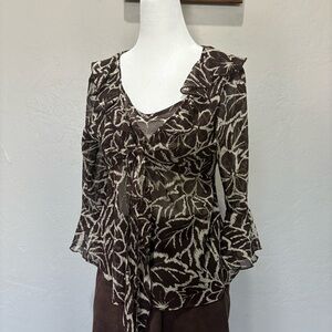 NWT 90s Sheer Floral Ruffle Tie Blouse Brown Beige | Versailles PM